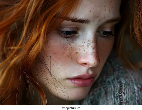 Close Up Portrait of a Young Woman with Red Hair and Freckles