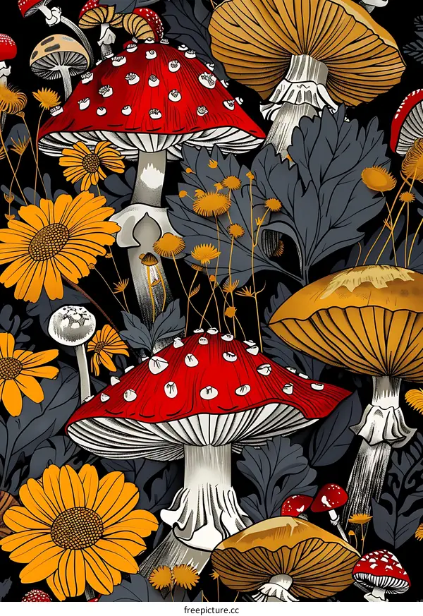 Colorful Mushroom And Flower Illustration