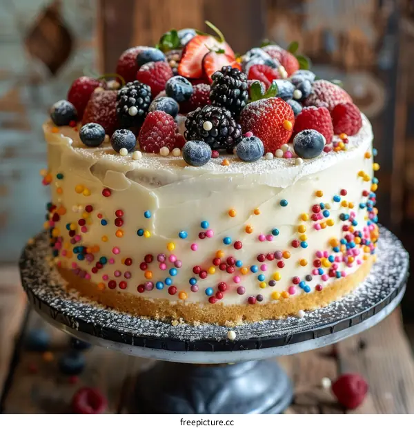 White frosted cake decorated with fresh berries and rainbow sprinkles
