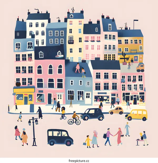 Colorful Illustration of a European City Street with People and Cars