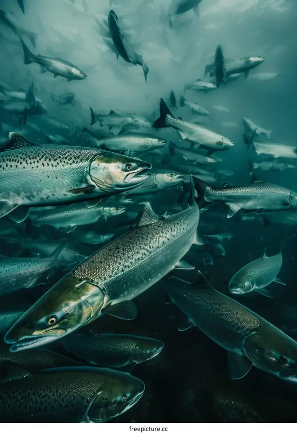 A large school of Atlantic salmon swim underwater