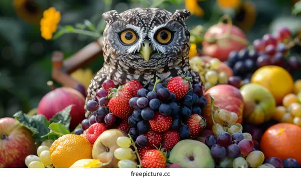 Owl perched on a pile of fruits and vegetables