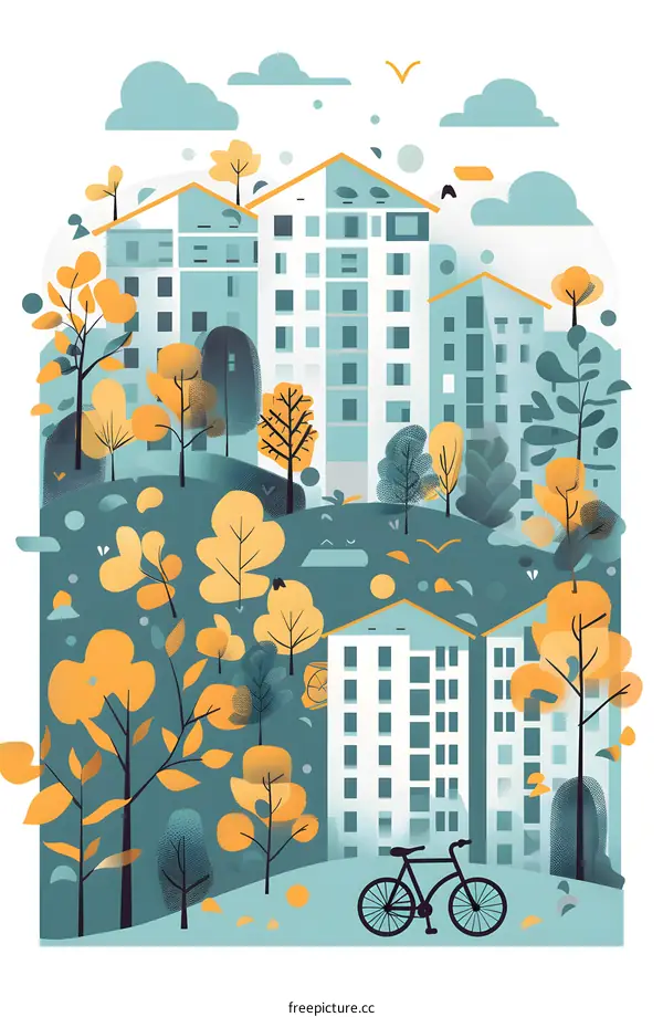 Modern Cityscape Illustration with Bike and Trees