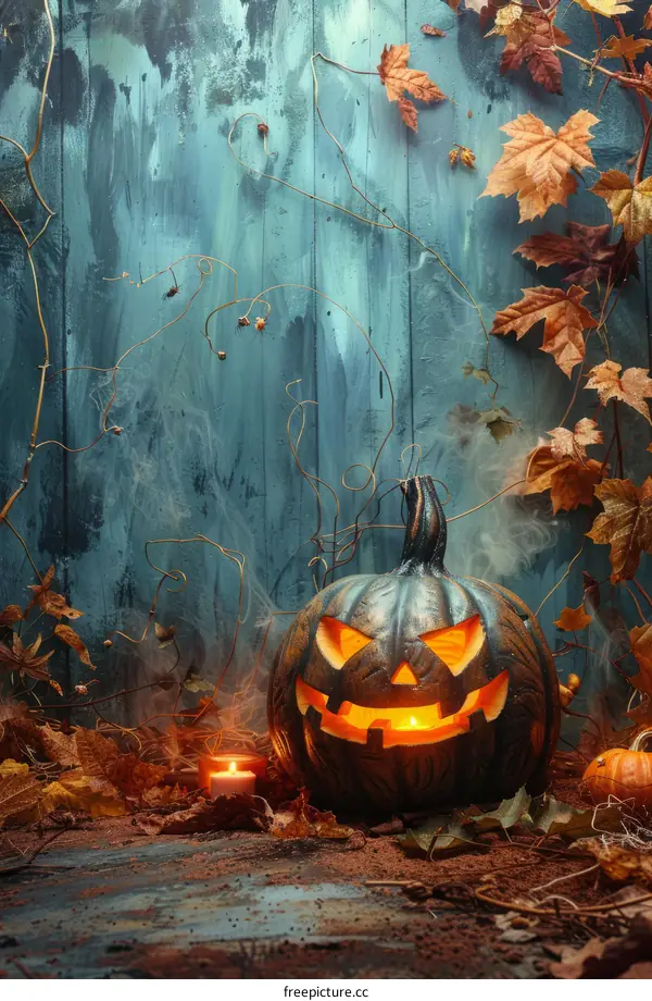 Spooky Halloween pumpkin with scary face and glowing eyes