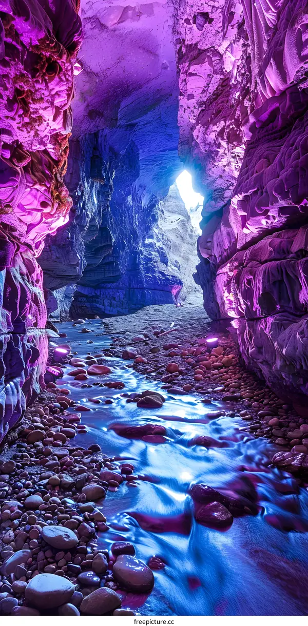 Illuminated River Cave Rocks Water