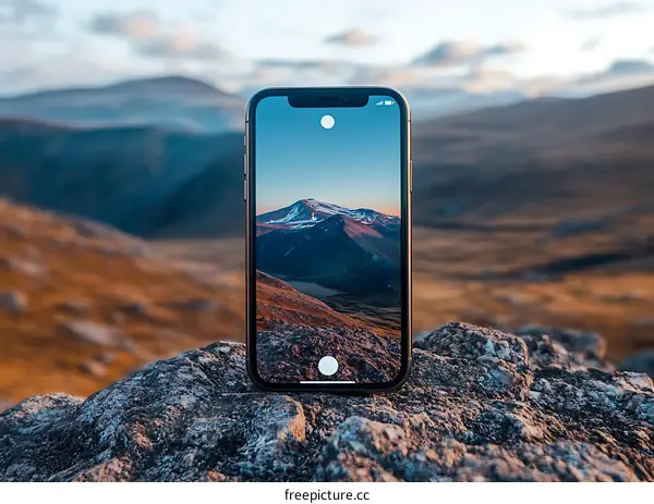 Smartphone Displaying Mountain Landscape Photography on a Rock