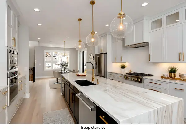 Modern White Kitchen with Granite Countertop and Pendant Lights