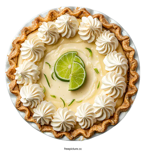[Transparent Background PNG]A close-up image of a key lime pie with a graham cracker crust and whipped cream topping.