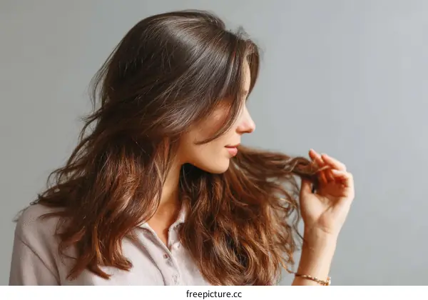 Woman with Wavy Brown Hair Styling Her Hair