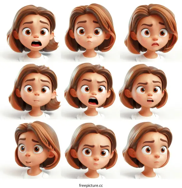 3D Cartoon Character Girl with Different Facial Expressions