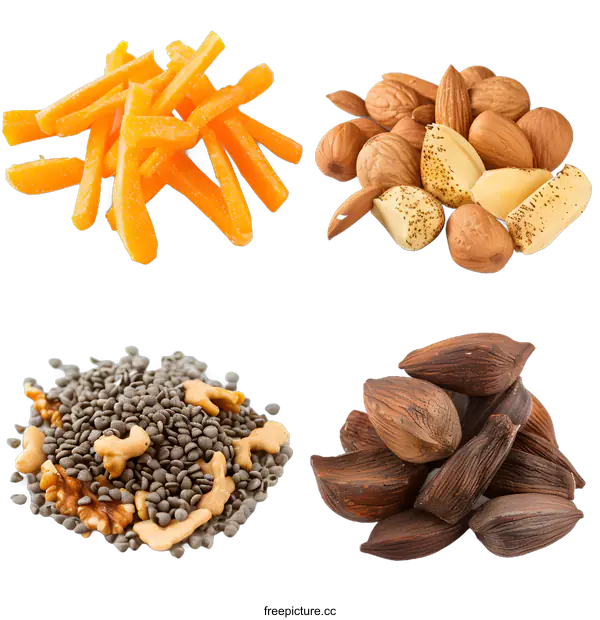[Transparent Background PNG]Collection of Dried Fruits and Nuts on White Background