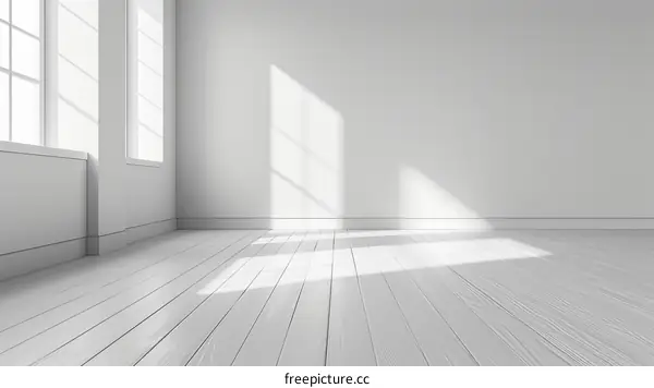 Bright empty room with wooden floor and white walls