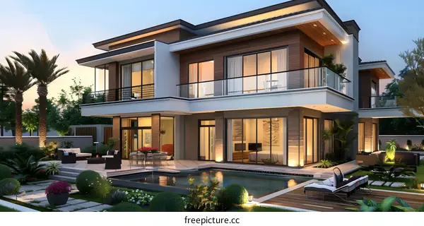 Modern house exterior design with pool