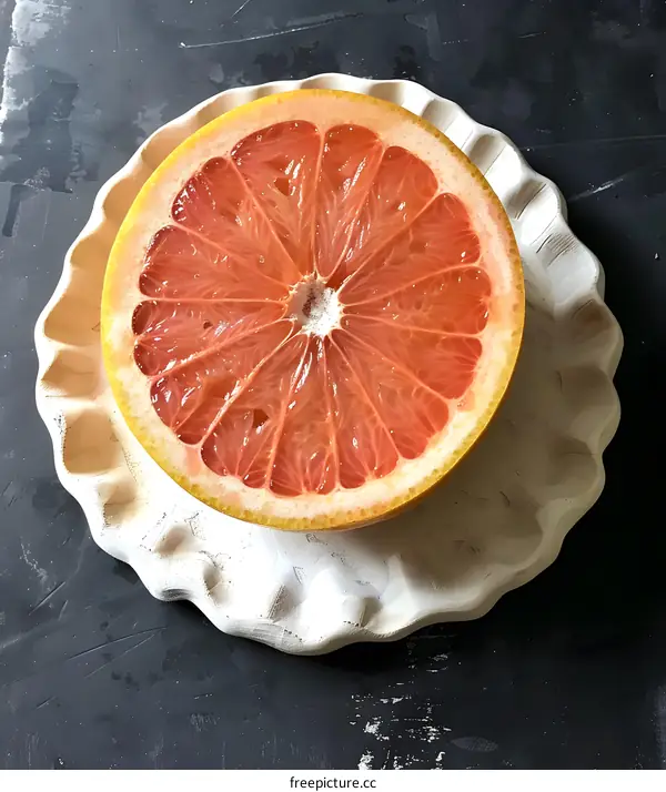 Close Up Of A Cut Grapefruit On A White Plate