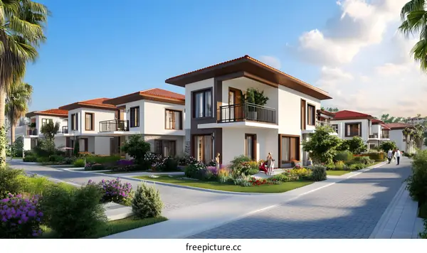 Modern White Houses with Red Roofs and Lush Green Landscaping