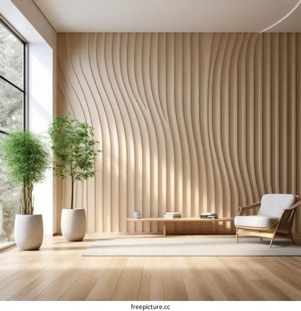 Modern minimalist interior design with wooden wall paneling and large windows