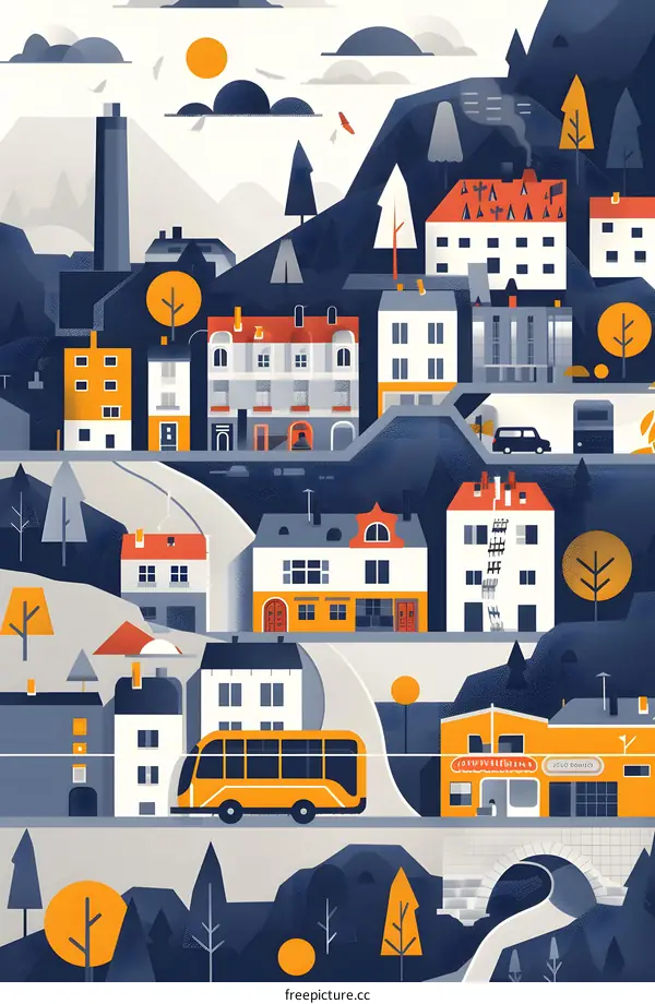 Illustrated Cityscape with Colorful Buildings