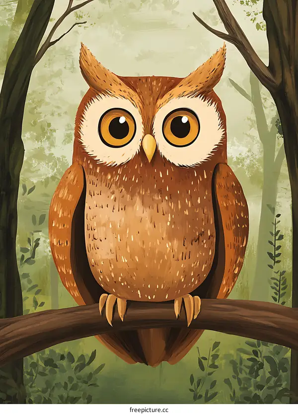 Brown Owl Sitting On Tree Branch Illustration