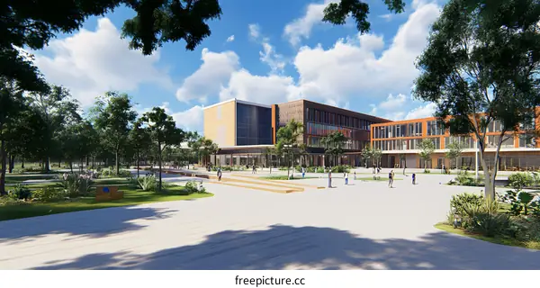 Modern University Campus Building with Green Space and People