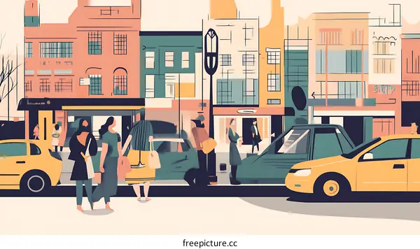 Colorful City Street with People and Cars