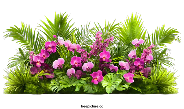 [Transparent Background PNG]Pink Orchid Flowers And Tropical Green Plants On White Background