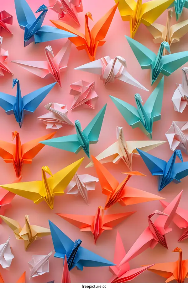 Colorful Origami Cranes on Pink Background