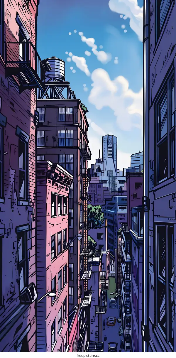 Cityscape Illustration of Narrow Alleyway with Tall Buildings and Blue Sky