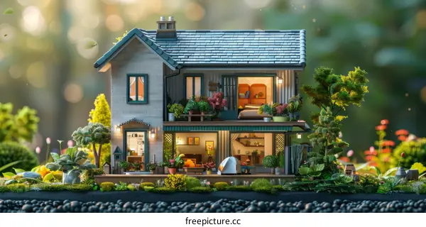 A beautiful miniature house with a garden