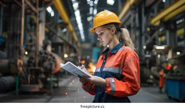 A female engineer wearing a hard hat and safety glasses reviews blueprints in a factory.