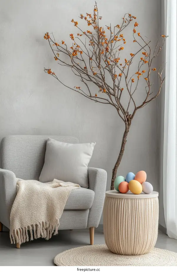 Cozy Living Room Decor with Dried Branches and Easter Eggs