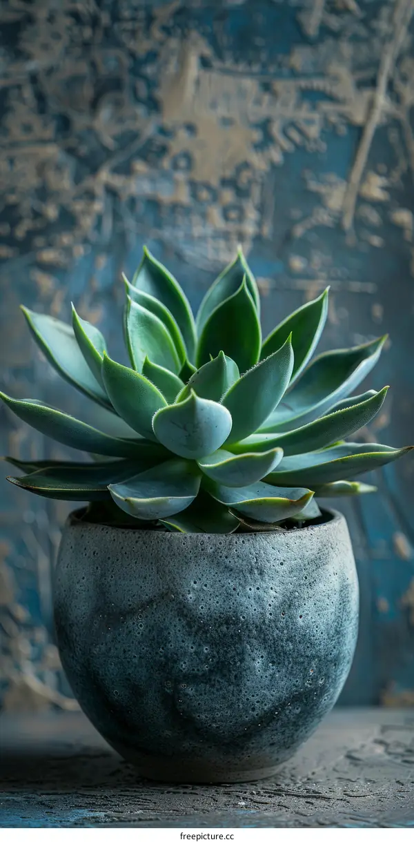 Close-up of a green succulent plant in a blue pot