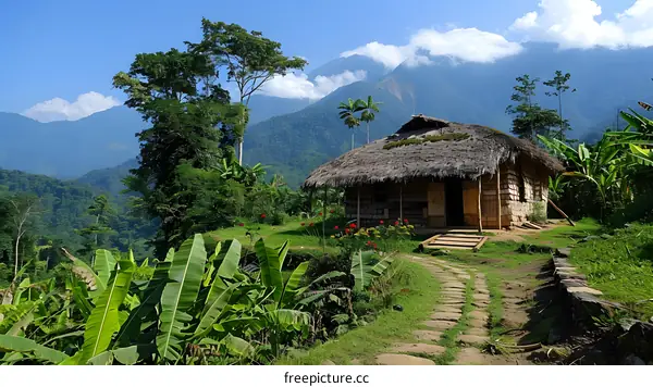 茅草屋顶的房子坐落在山坡上，周围环绕着香蕉树和热带植物