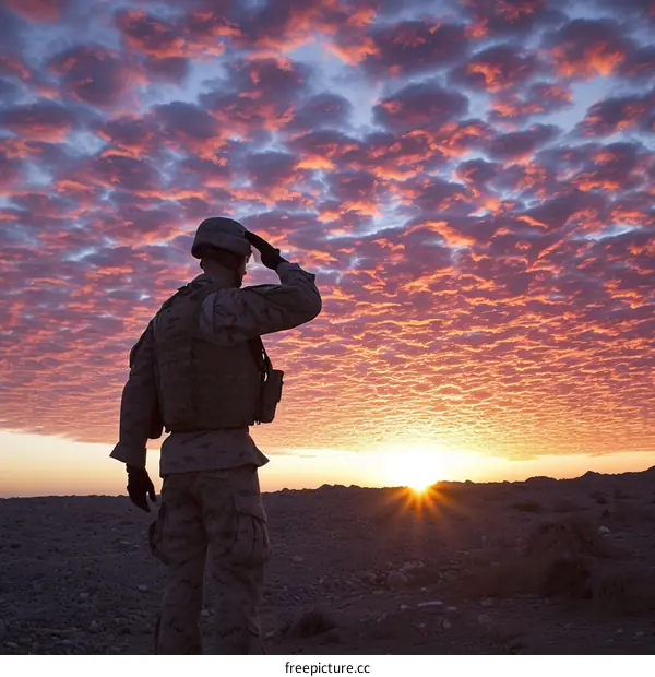 Soldier saluting at sunset in Afghanistan