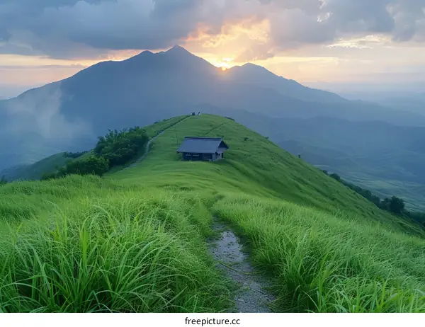 Hut on a hilltop overlooking a valley at sunset