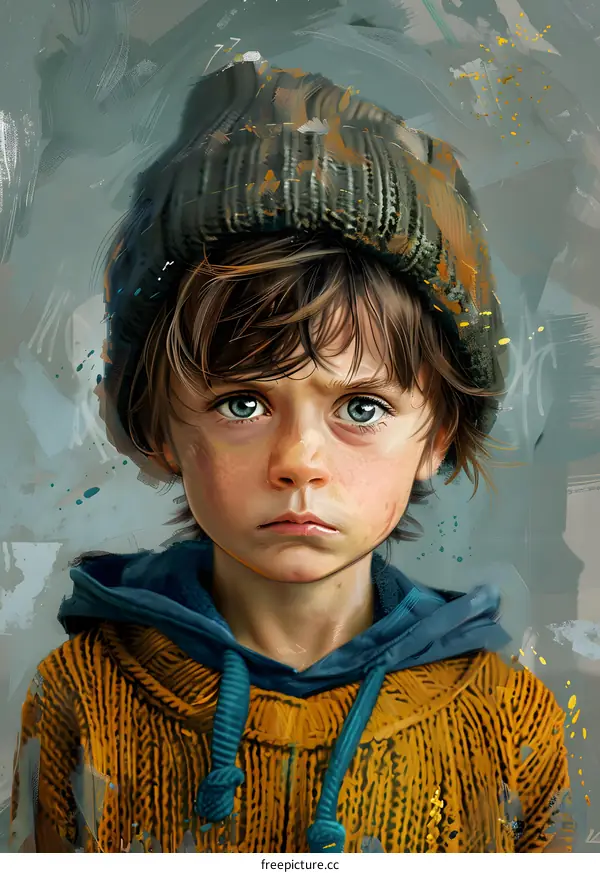 portrait of a sad looking boy wearing a brown beanie