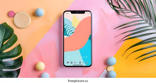 Pink Phone with Tropical Leaves and Colorful Balls on Pastel Background