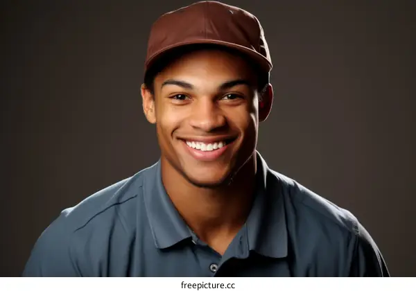 Studio portrait of a young African-American man smiling wearing a brown baseball cap and gray shirt