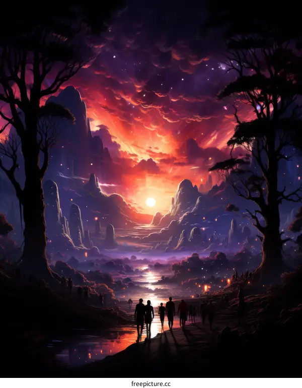 A group of people walking through a forest at night with a beautiful sunset in the background