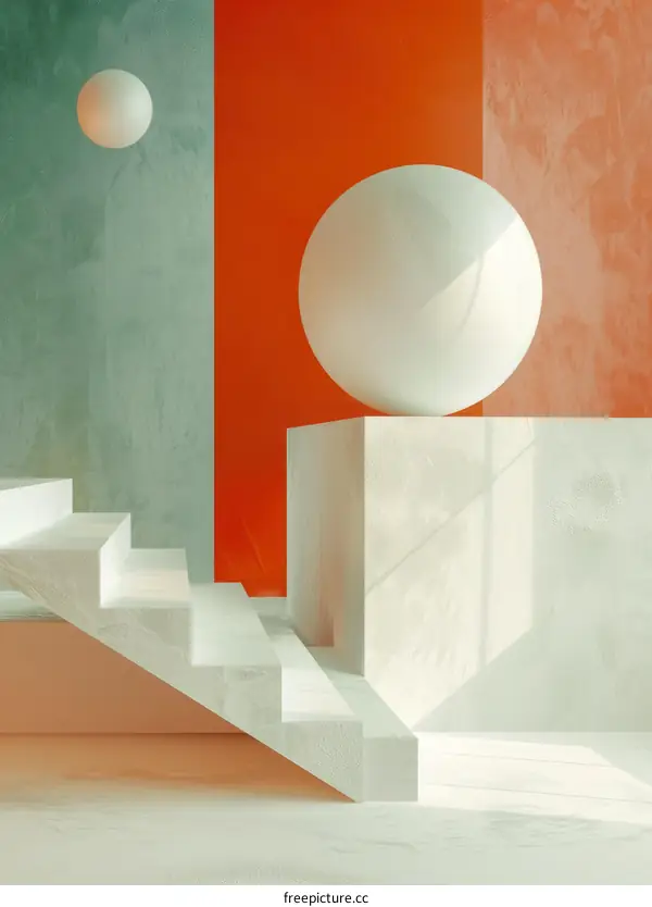 3D rendering of a staircase with a large sphere on a podium in front of an orange wall