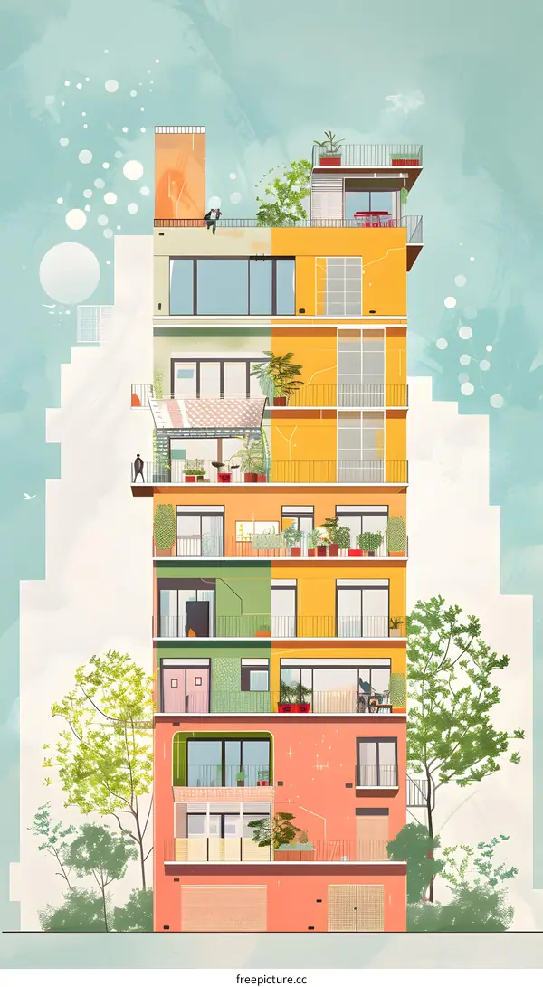 Colorful Building with Balcony Gardens