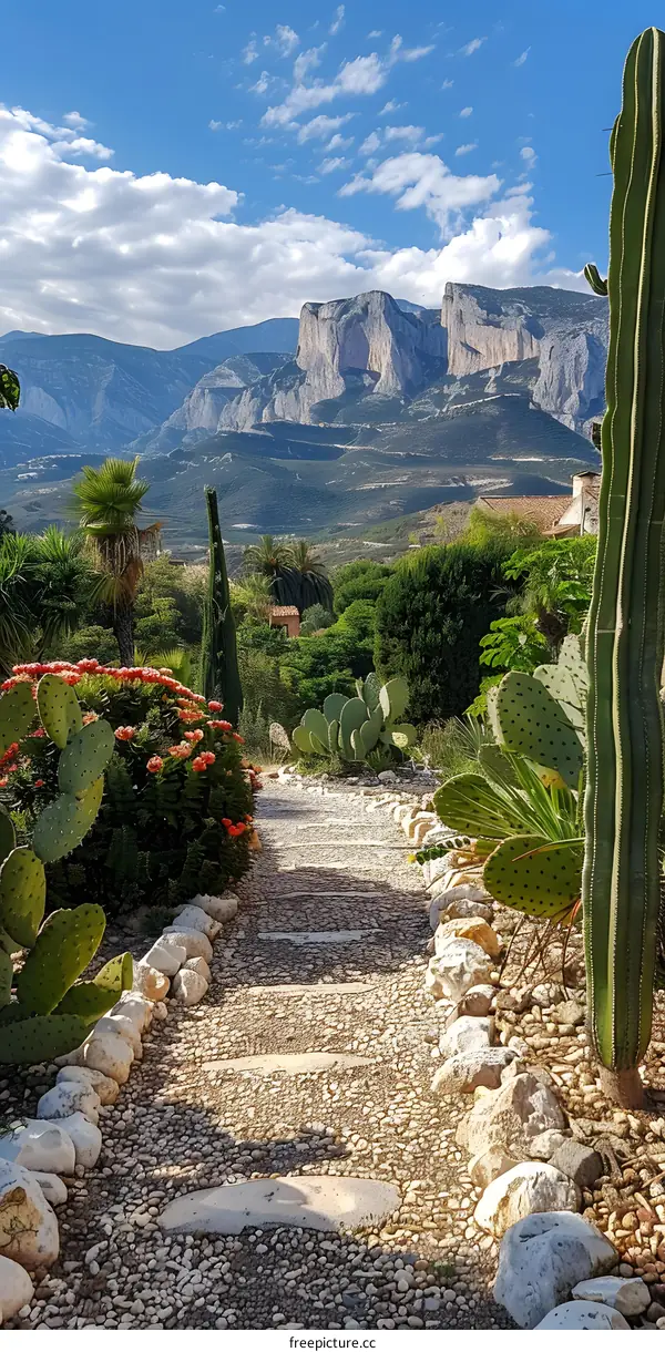 A stone path winds through a garden of cacti and other plants with a mountainous landscape in the background