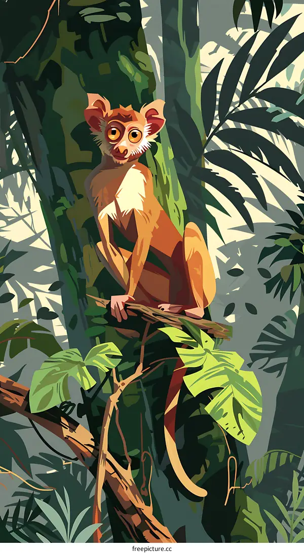 Brown Lemur Sitting On Tree Branch In Rainforest