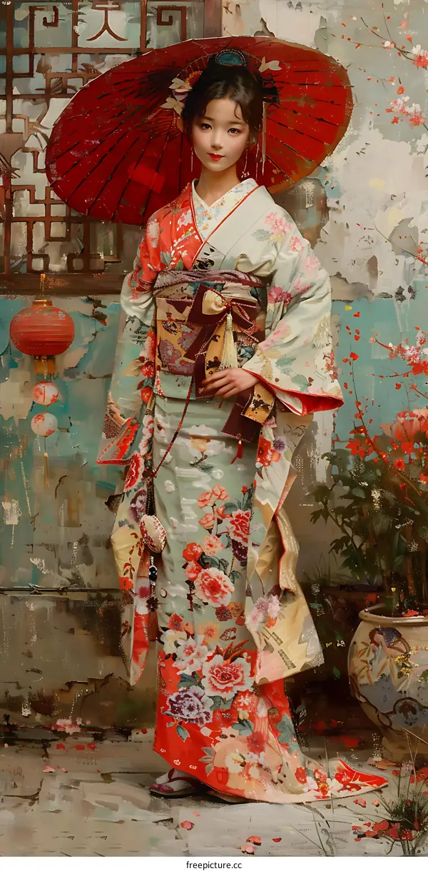 Woman in Kimono with Red Umbrella