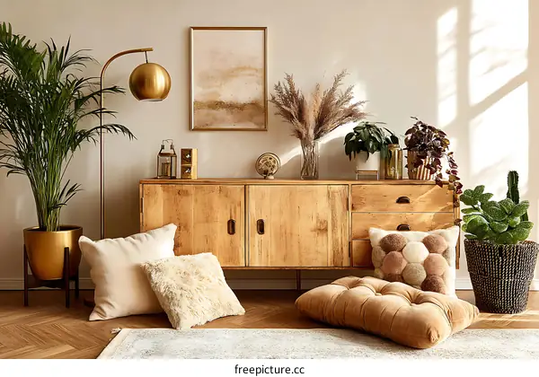 Bohemian Style Living Room Decor with Wooden Furniture