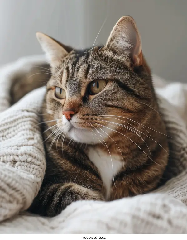 A ginger cat is lying on a white blanket