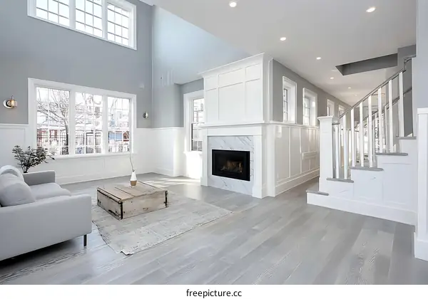 Modern Farmhouse Living Room with Gray Hardwood Floors