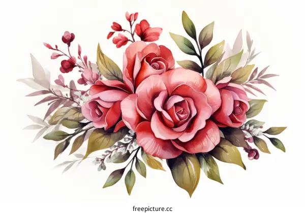 Red roses with green leaves watercolor painting