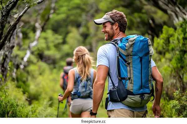 Three Hikers Enjoying The Scenic Views On A Forest Trail
