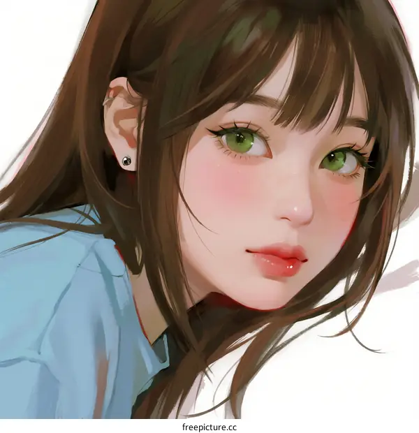 A Young Woman with Green Eyes and Brown Hair in Blue Clothing