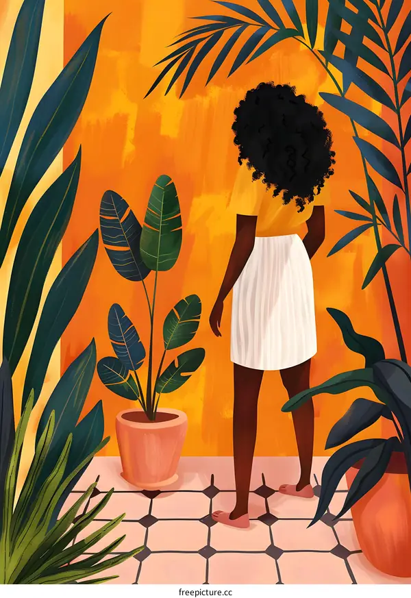 Woman Standing in a Tropical Room